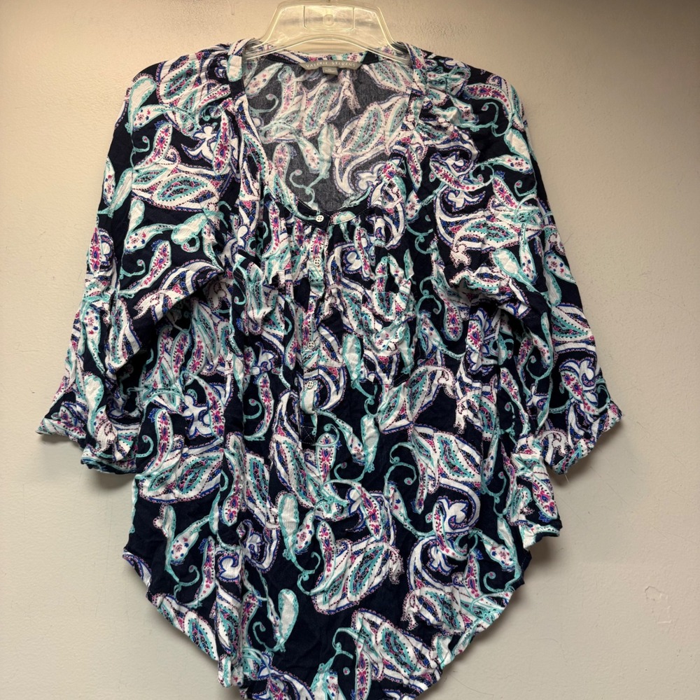 Valerie Stevens Blouse Womens XL Navy Blue Paisley Ruffle Rayon Excellent Top